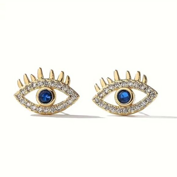 18K Gold Plated Diamond Evil Eye Earrings - Picture 2 of 9